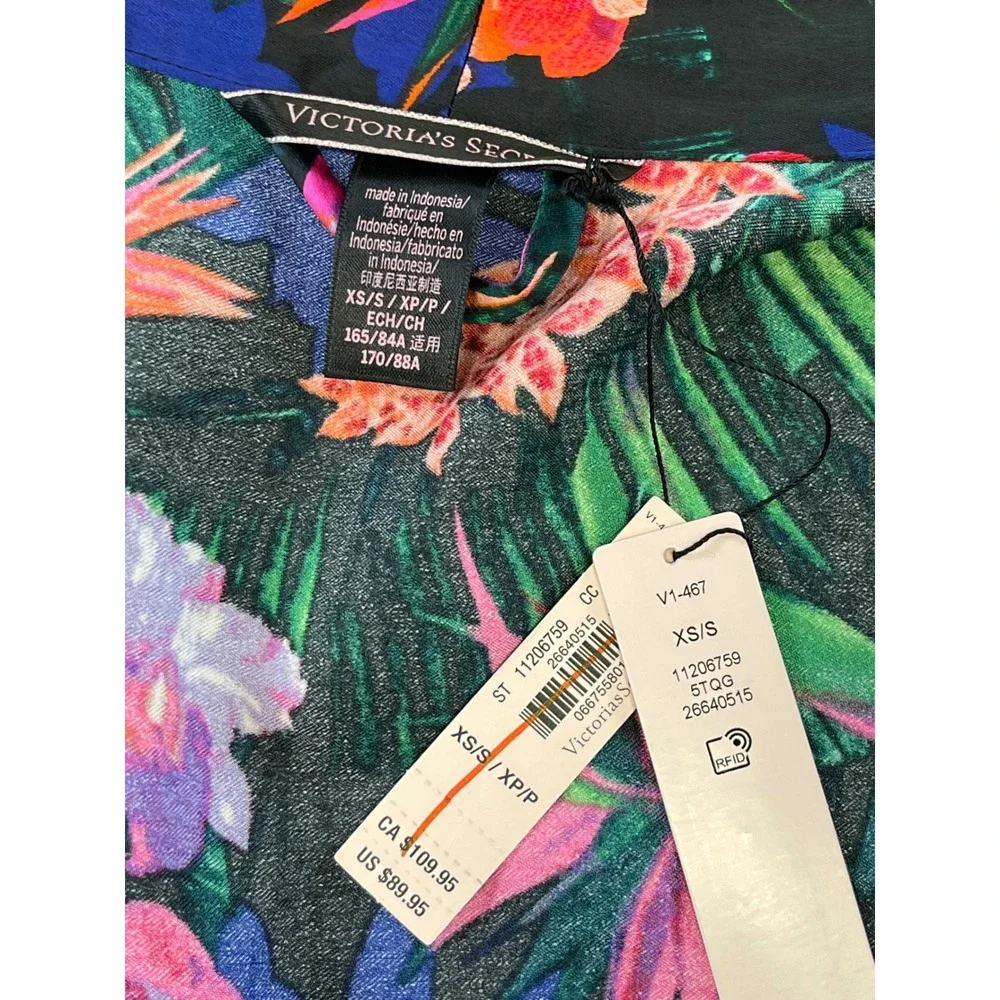 Victoria's Secret Tropical Floral Satin Kimono Robe Lace Trim XS/S New